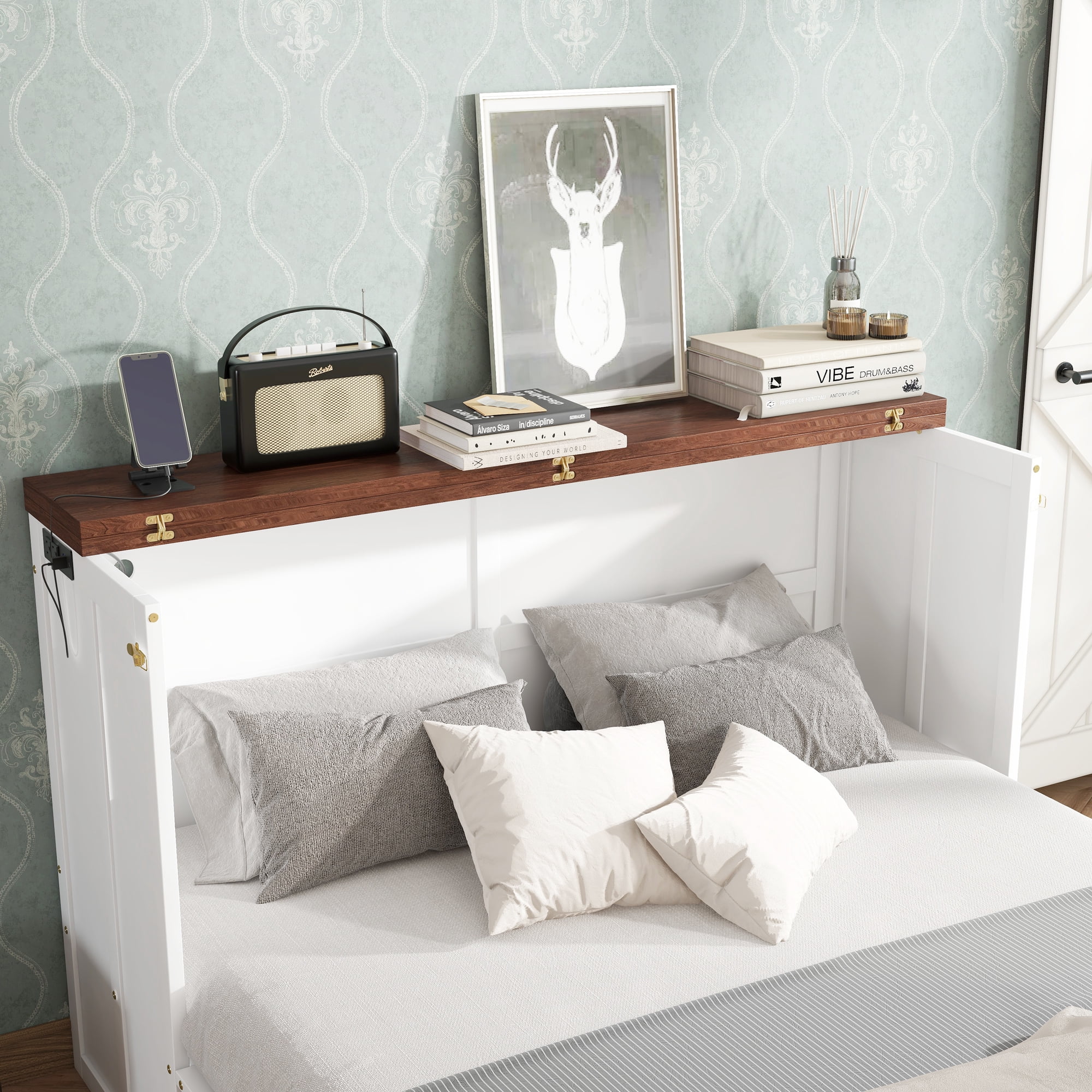 Leumius Queen Size Murphy Bed with Storage Drawer and Charging Station, USB Port, Solid Pine Murphy Bedframe for Home Office Studio or Guest Room White