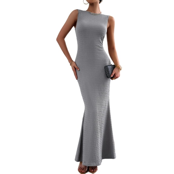 Enjoytime Dresses for Women Crew Neck Sleeveless Textured Bodycon Maxi Dress Slim Flare Hem Elegant Party Dress