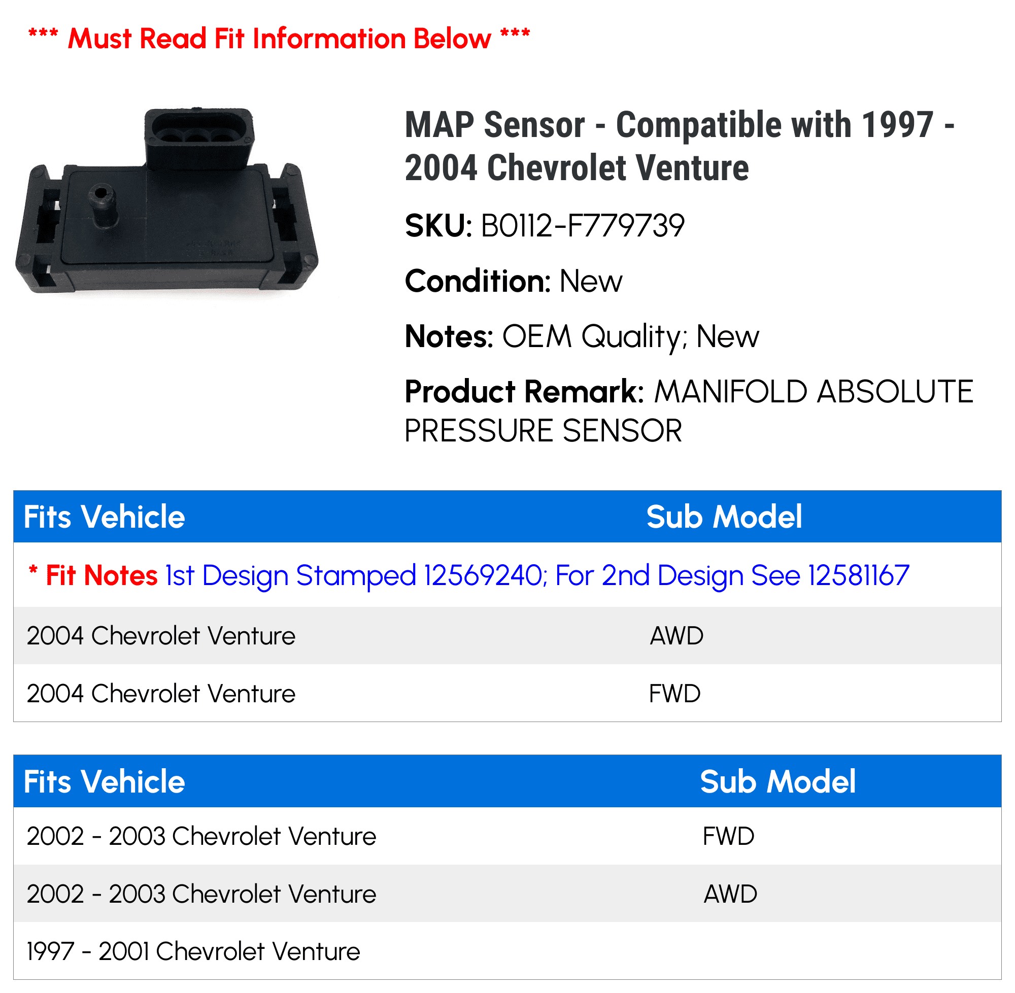 MAP Sensor - Compatible with 1997 - 2004 Chevy Venture 1998 1999 2000 2001 2002 2003