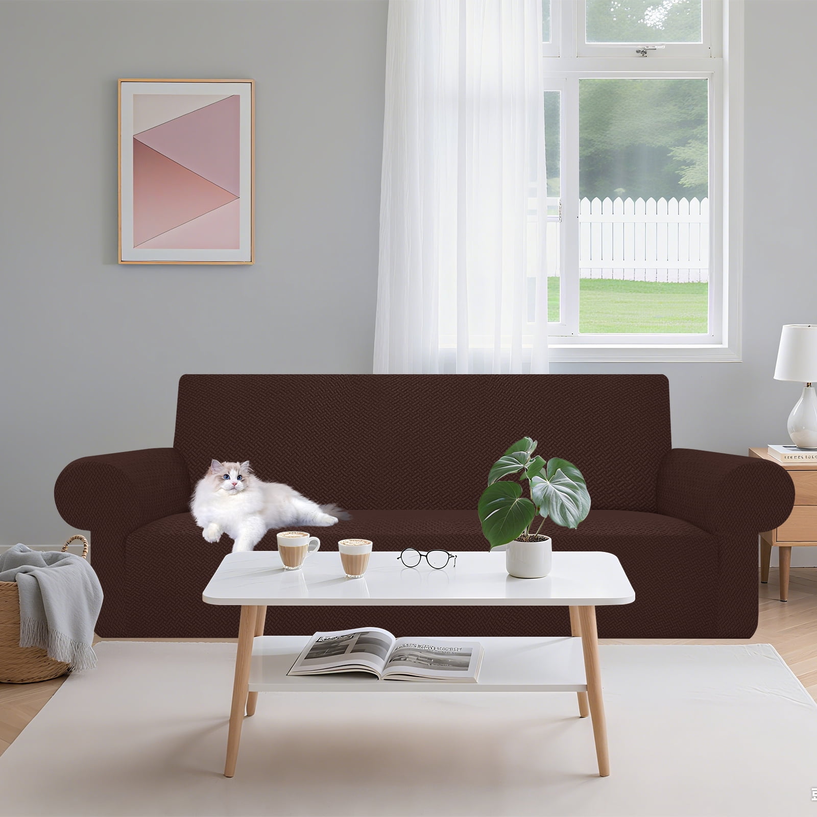 Stretch Sofa Cover Slipcover ，Couch Covers for 3 Cushion Couch Sofa pet Friendly (74.8"-90.6") Furniture Protector Sofa with Elastic Bottom for Kids,Dog, Jacquard Pattern, Brown