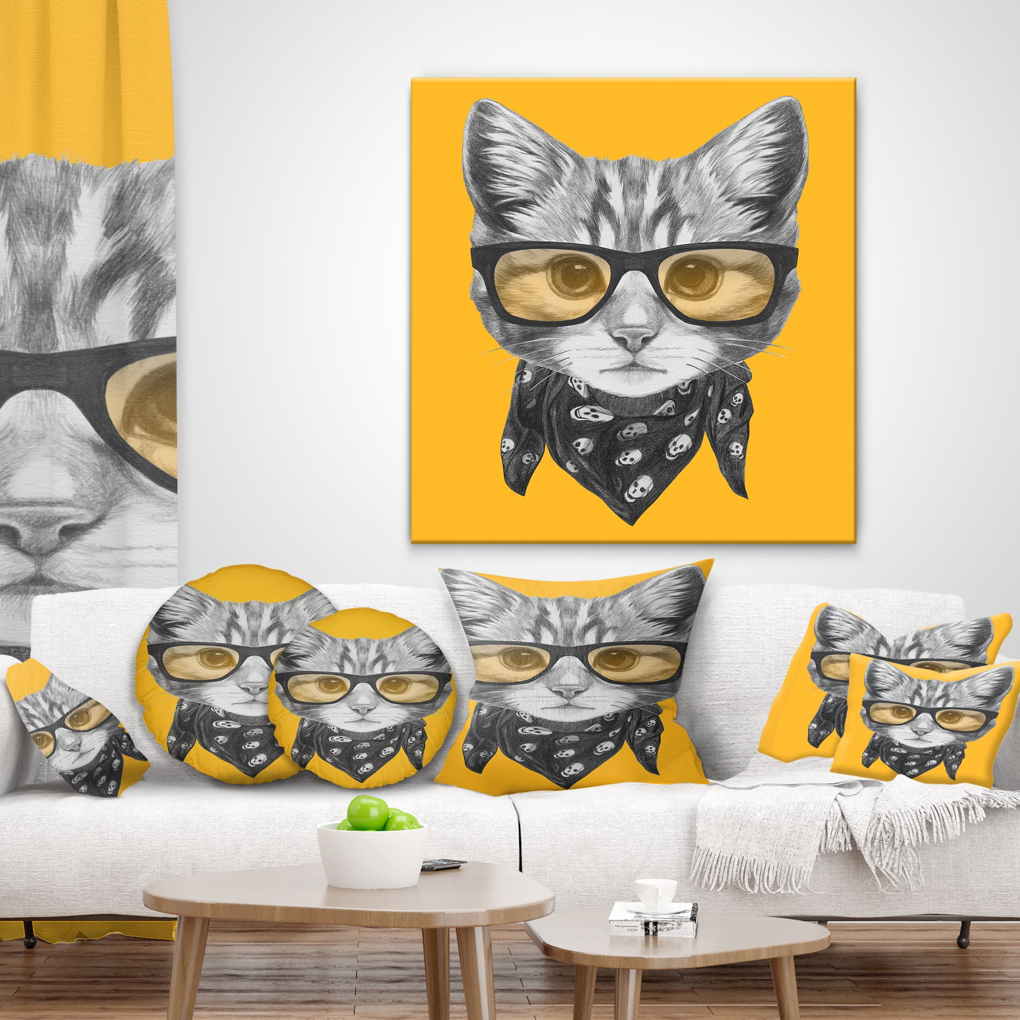 Designart Funny Cat with Glasses and Scarf - Animal Throw Pillow - 12x20