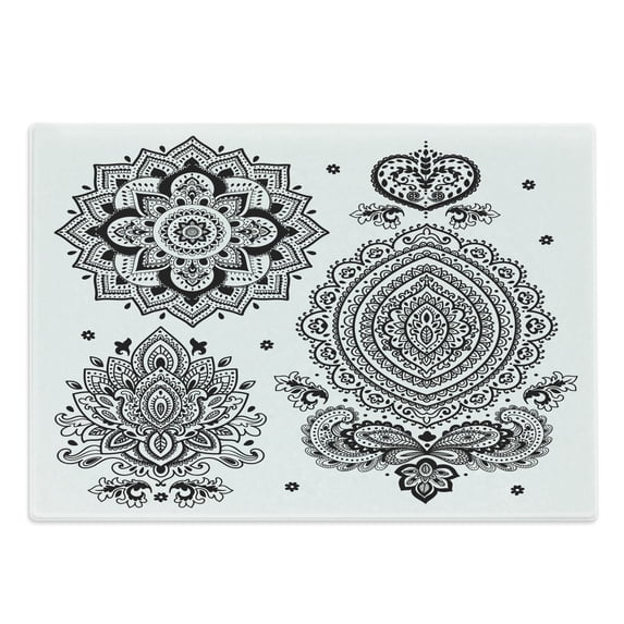 Ethnic Cutting Board, South Art Inspired Design Elements Floral and Geometrical Style Ornamental, Decorative Tempered Glass Cutting and Serving Board, Large Size, White Black, by Ambesonne