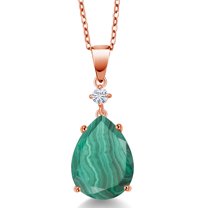 Gem Stone King 18K Rose Gold Plated Silver Green Malachite and White Moissanite Pendant Necklace for Women (10.10 Cttw, Pear Shape 16X12MM, Gemstone, with 18 inch Chain)