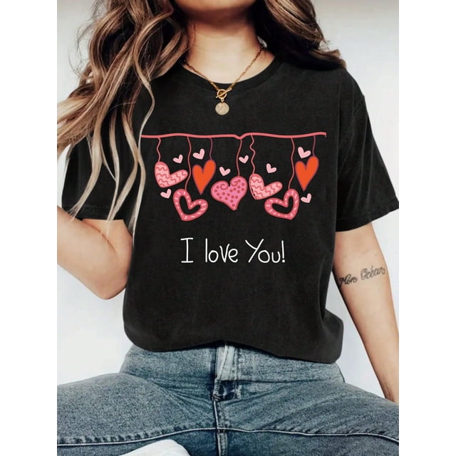 Camiseta con estampado "I Love You" para mujer, ideal para San Valentín. Camiseta informal de manga corta y cuello redondo. Ligera y transpirable, ideal para primavera y verano.
