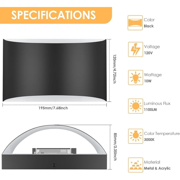 Modern LED Wall Sconces, 3000K Warm White Hardwired Wall Lights Set of 2, 10W Up and Down Wall Mount Light, Matte Black Indoor Sconces Wall Lighting