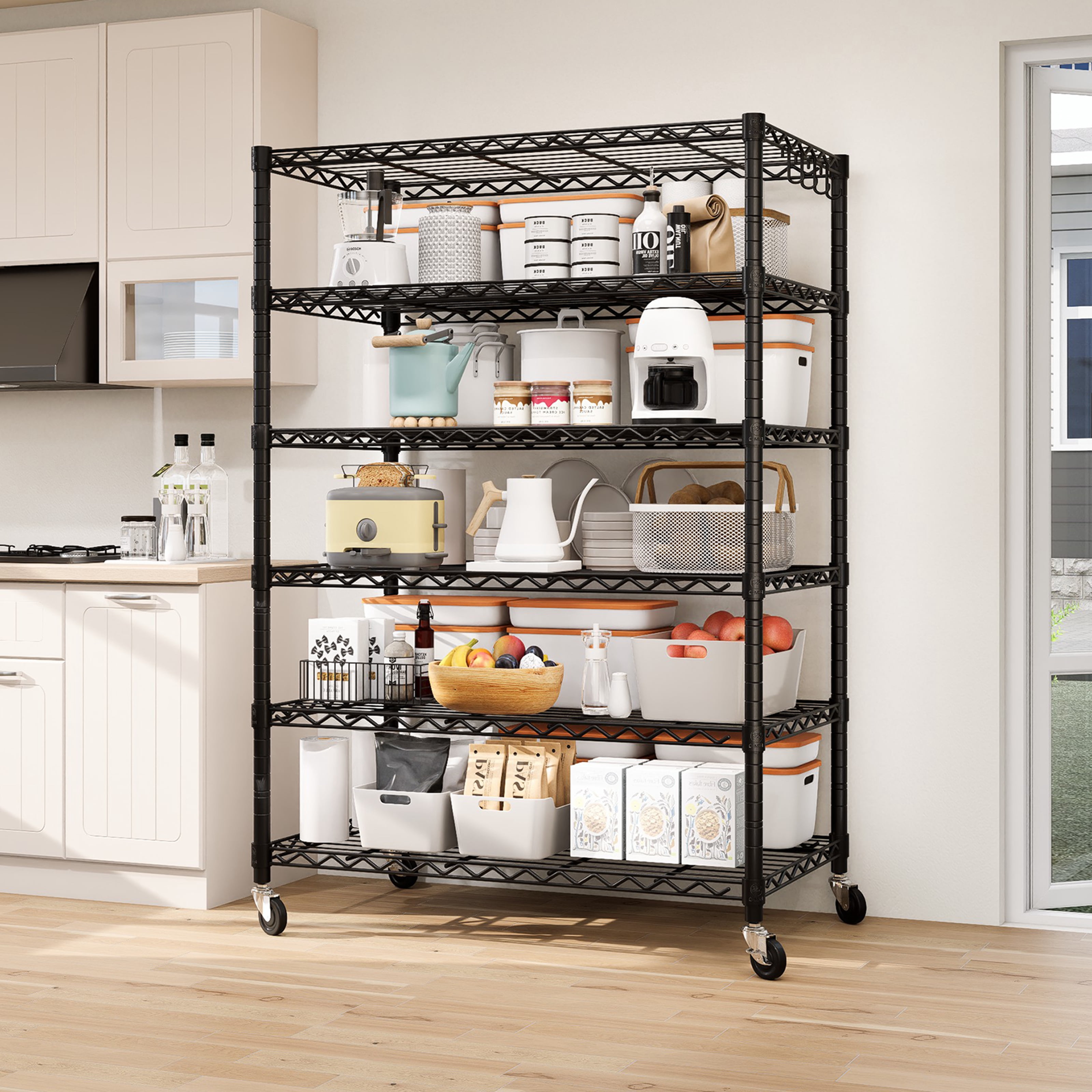 TrumanPick 6-Tier Storage Shelves, 36"W x 18"D x 75"H Wire Shelving Unit, Kitchen Metal Shelves, Adjustable Storage Rack with Hooks for Garage Pantry Organization, Black