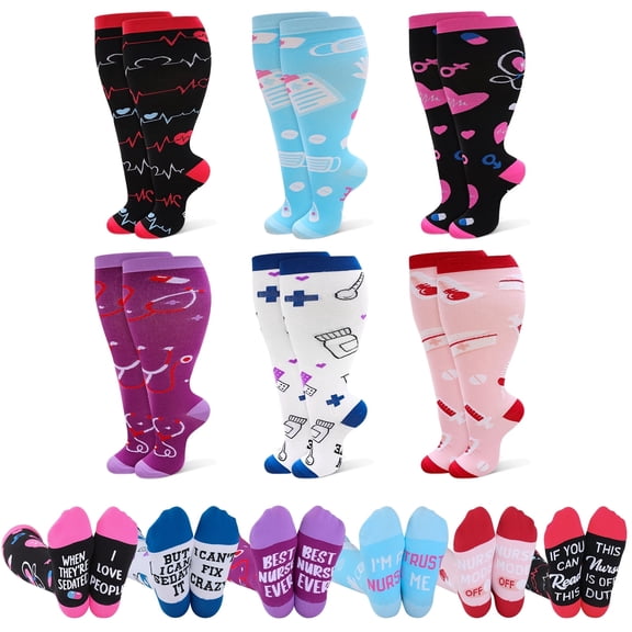 Hengguang 6 Pairs Plus Size Compression Socks for Women, Nurse Printed Knee High Compression Socks, Support Stockings for Running, Sports, Flight, Travel, Cycling
