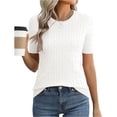 thumbnail image 2 of Women's Cable Knit Short Sleeve Sweater Tops Round Neck Lightweight Casual Outfit Spring Summer Office Streetwear Vacation White M, 2 of 4