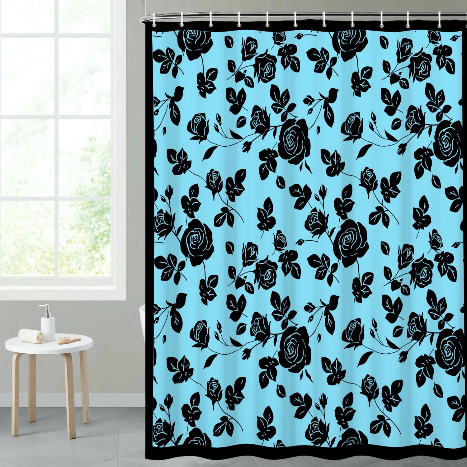 MIZHONA Black and Blue Floral Shower Curtain Vintage Rose Print Waterproof Fabric Bathroom Curtain 47x64 in