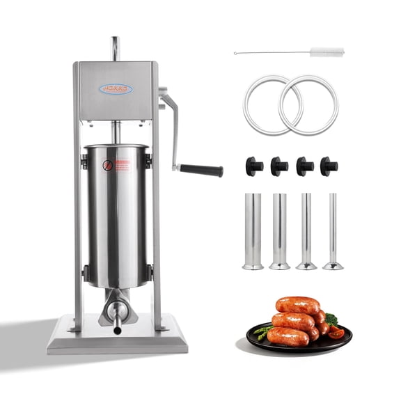 Hakka Brothers 5 L/11 lb Stainless Steel Vertical Manual Sausage Stuffer, Meat Filler with 2-Speed Gears and 4 Stuffing Tubes
