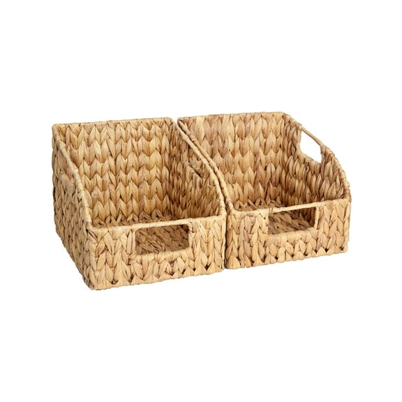 Pantry Baskets for Organizing, Wicker Basket with Built-in Handles, Handwoven Wicker Storage Baskets, Water Hyacinth for Shelves, 2 Pack