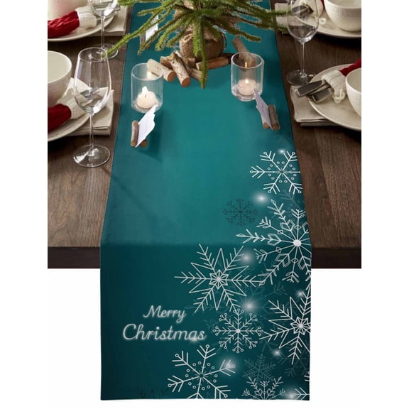 Christmas Snowflake Cotton Linen Table Runner for Dining Kitchen, Ombre Turquoise Teal Winter Xmas Gradient Wedding Outdoor Party Tablerunners Decor, Dresser Scarf Coffee Tablecloth Runners 13"x36"
