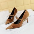 thumbnail image 4 of Zapatos de tacón alto para banquetes de mujer con superficie de gamuza fina, tacones medios, boca baja, empalme, punta puntiaguda, bombas rectas para bodas, 4 of 5