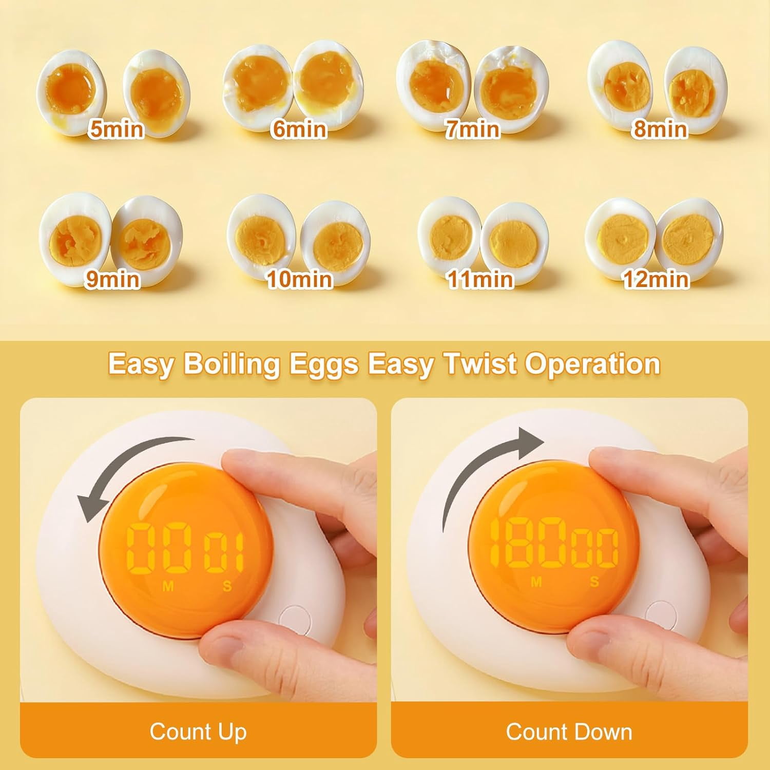 CATPAN Egg Timer - Magnetic Kitchen Timer with Large LED Display & Preset Buttons (8 Min Soft Boiled), Easy Manual Rotating Dial for Medium/Hard Boiled, So Simple for Seniors Kids, Fun Cooking Gadget