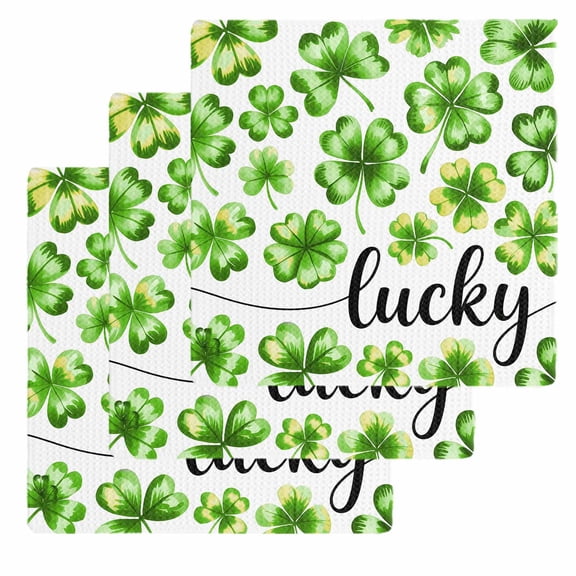 St Patrick's Day Kitchen Dish Towels for Drying Dishes Set of 3, Lucky Shamrock Leaf Plants Spring Green Waffle Weave Microfiber Hand Tea Bathroom Towels Quick Dry & Absorbent Towel 12x12