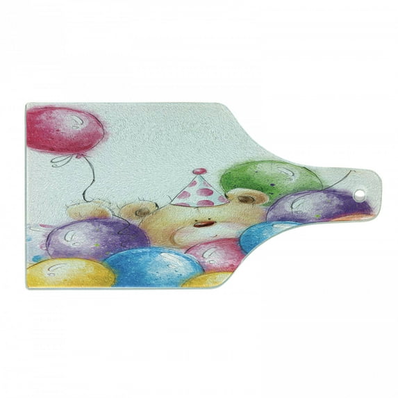 Birthday Cutting Board, Hand Drawn Style Design Teddy Bear Toy and Colorful Balloons Print, Decorative Tempered Glass Cutting and Serving Board, Wine Bottle Shape, Multicolor, by Ambesonne