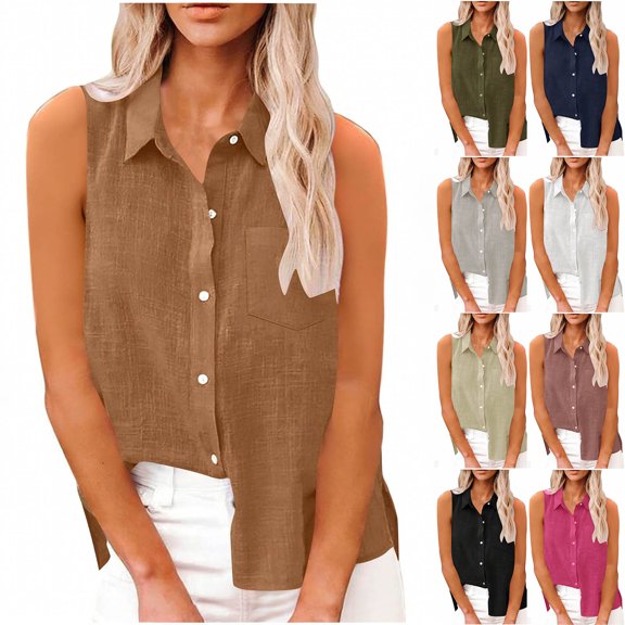Riecok Tank Tops for Women Linen Collared Sleeveless Shirts Button down Tees Solid Versatile Summer Blouses with Pocket