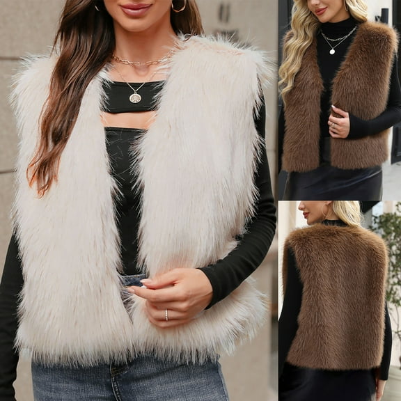 Nfurl Womens Shaggy Faux Fur Vests Soft V Neck Open Front Sleeveless Short Jackets Fall Winter Ladies Vests Outerwear Beige XL