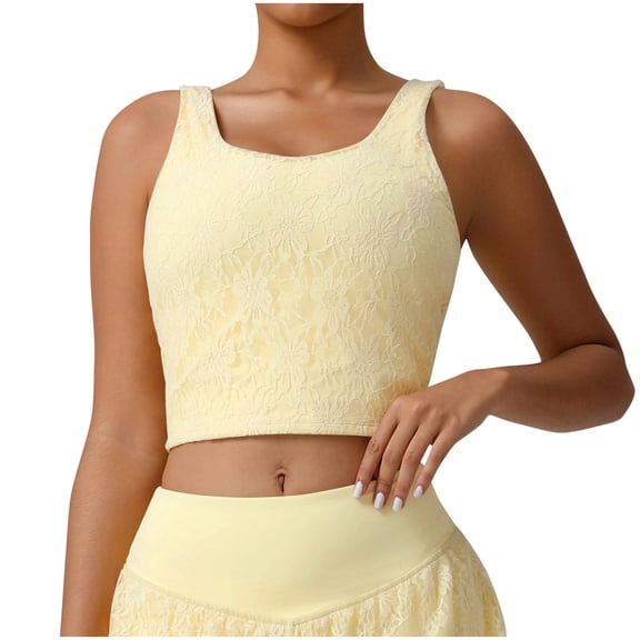 MOJOGO Lace Crop Tops for Women Square Neck Pullover Vest Wide Straps Cami Tops for Summer Casual Wear Yellow XL