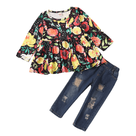 

Kucnuzki 2T Toddler Girl Fall-Winter Outfits Pants Sets 3T Long Sleeve Floral Prints Skir Layer Cozy Tops Elastic Ripped Denim Pants 2PCS Set Black