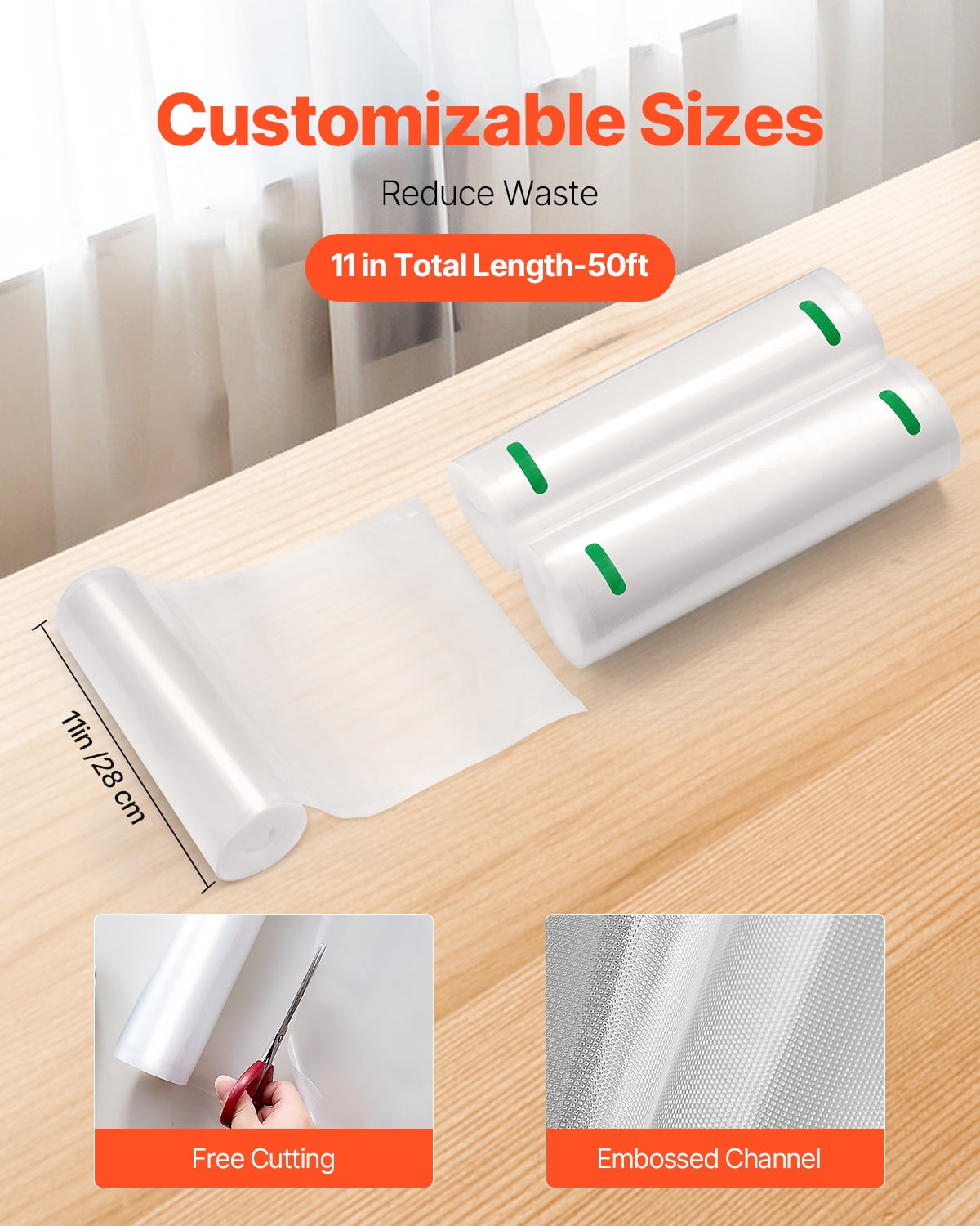 VEVOR Vacuum Sealer Bags, 2 Rolls 11 In x 50 Ft, Non-BPA Food Grade Seal A Meal Bags, Customizable Freezer-friendly Vac Sealing Bag for Food Saver,Food Storage Vacuum Bags for Meal Prep or Sous Vide