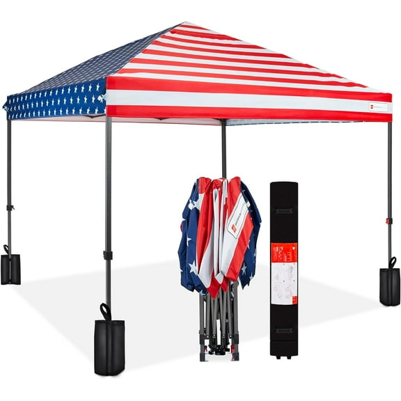 10x10ft 1-Person Setup Pop Up Canopy Tent Instant Portable Shelter w/ 1-Button Push, Case, 4 Weight Bags - American Flag