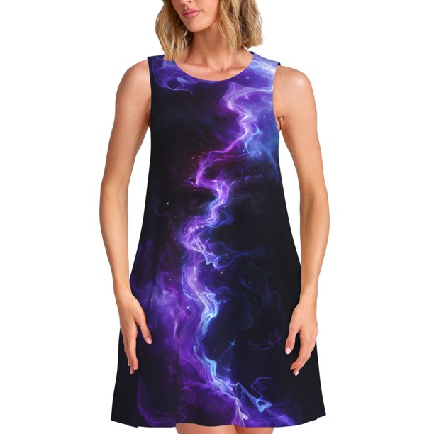 Fotbe Purple And Blue Nebula Vestido de Verano sin Mangas para Mujer – Vestido Midi Línea A, Estilo Camiseta Floral, Vestido Playero Casual y Fluido