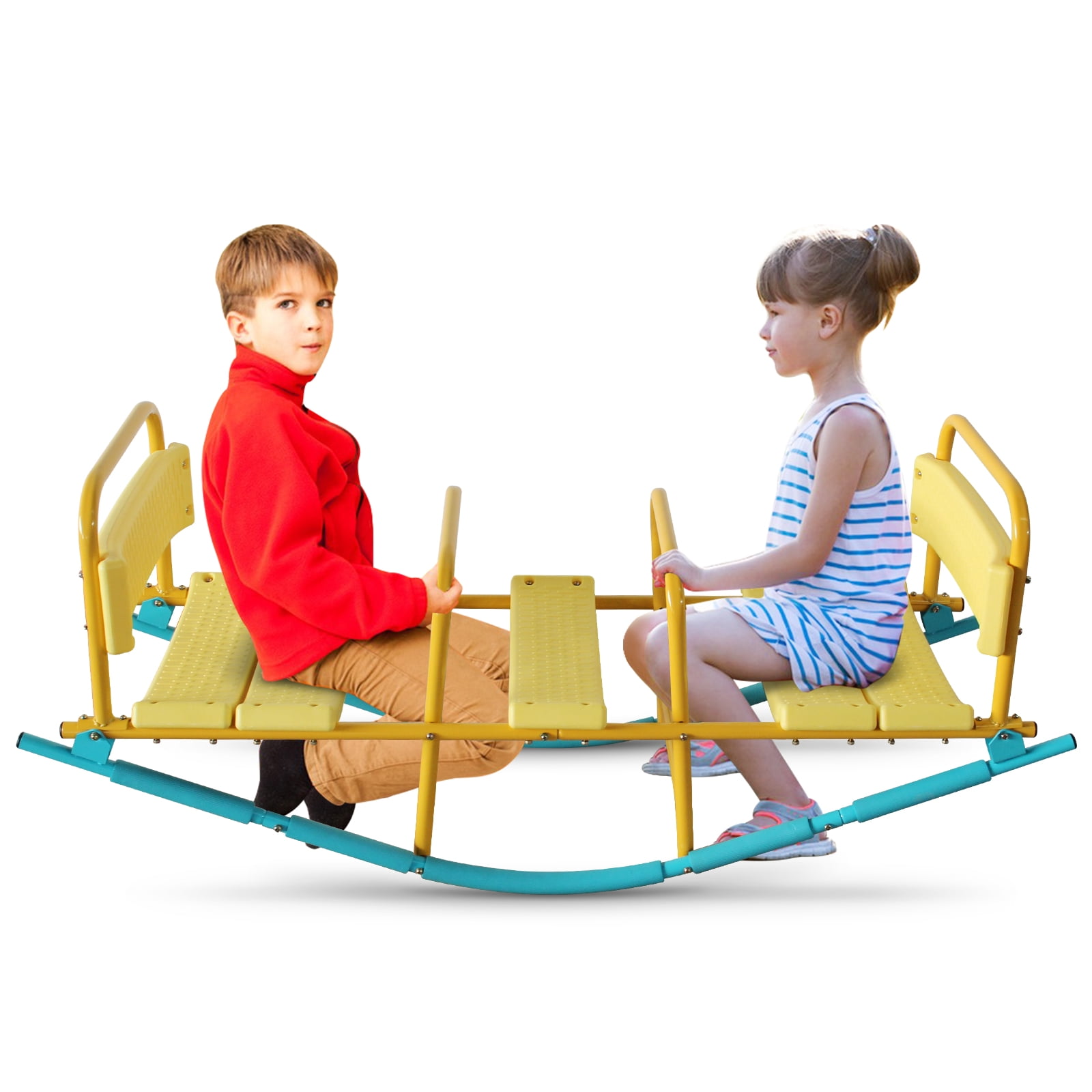 Kindergarten Children Outdoor Rocking Horse, Double or Triple 3-Seat Seesaw Playground Equipment with Safety Handles & Backrest for Kids Ages 3+