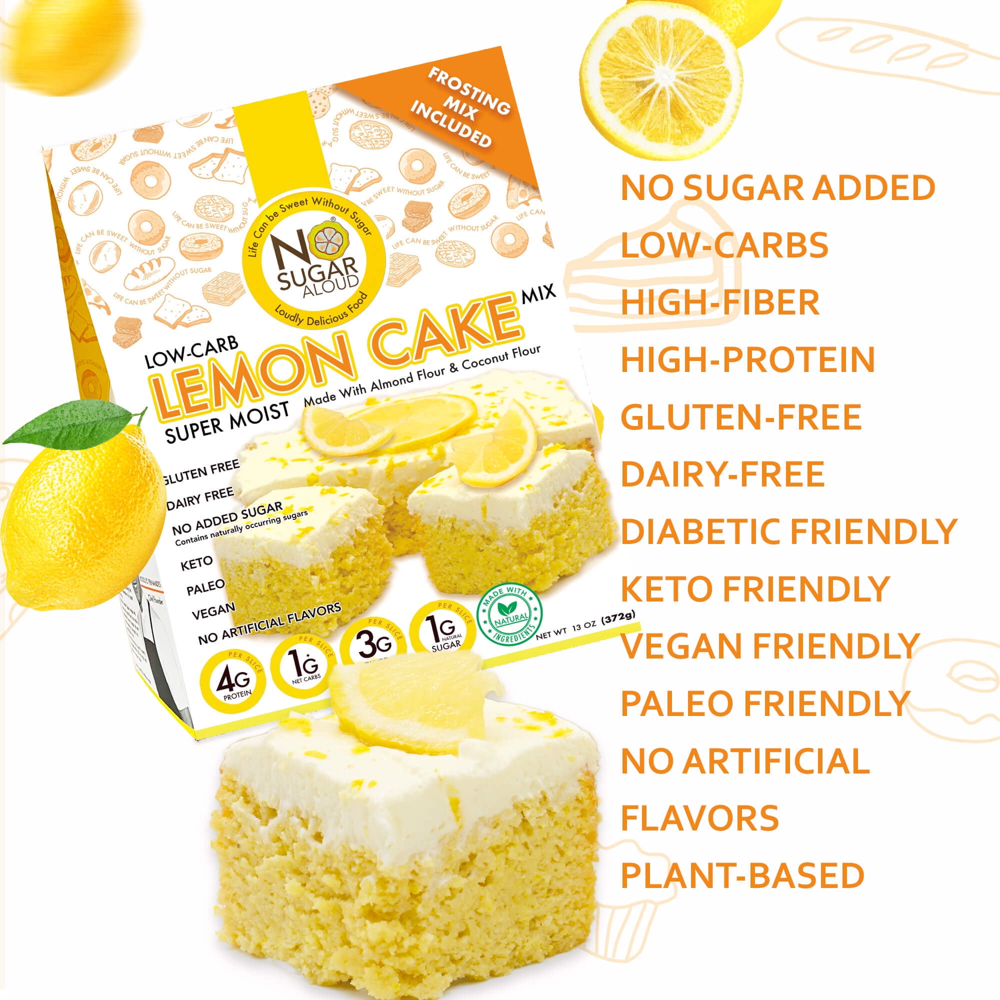 No Sugar Aloud - Low Carb Lemon Cake Baking Mix (Keto, Vegan, Gluten Free, No Added Sugar, High Protein, High Fiber, Diabetic Friendly)
