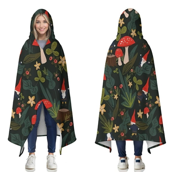 Wearable Blanket,Red Mushroom Gnome Dark Green Pattern Hooded Wearable Sherpa Blanket for Adults & Teens,Winter Poncho Shawl Wrap Cape Thick Warm,50"x60"