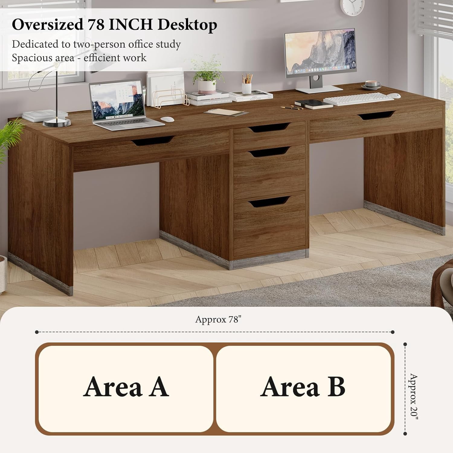 DreamCurship 78 inch Two Person Desk with 5 Drawers, Computer Desk with Storage for 2 People, Home Office Workstation Desk, Modern Writing Table, Brown