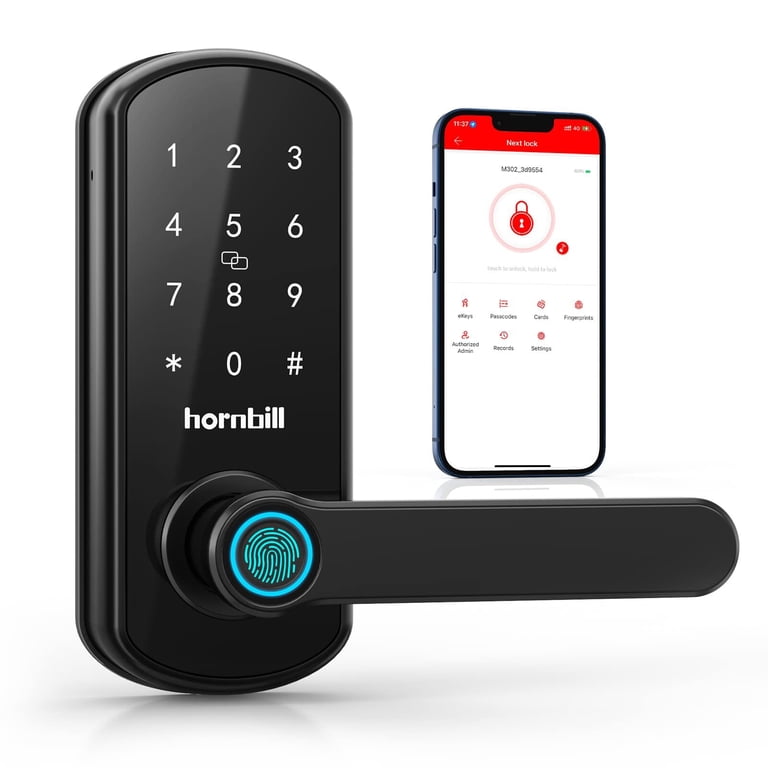 Hornbill Smart Deadbolt Door Lock Set – Keyless Entry With Fingerprint, Bluetooth, Keypad Code & App Control – Works With Alexa, Auto Lock, IP63 Waterproof – Fits 1.49-1.88 Inch Doors (Black)