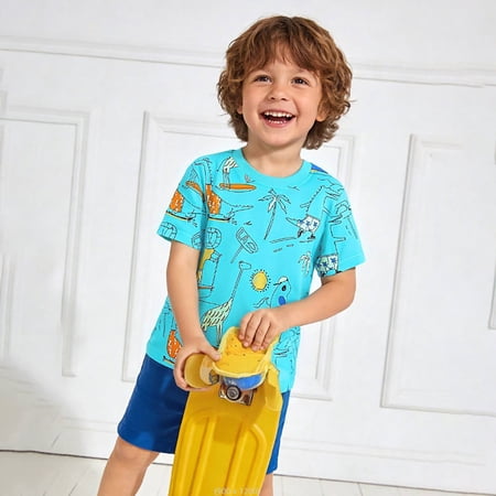 HOWPAY Boys T Shirts Crewneck Short Sleeve Graphic Print Shirts Vacation Beach Regular Fit Casual Lightweight Soft Summer Streetwear Sky Blue