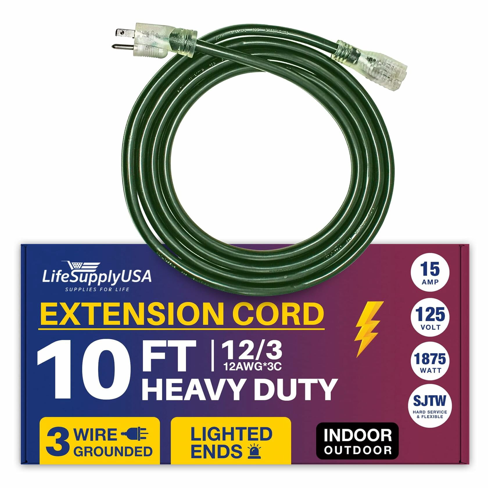 10ft Power Outdoor Extension Cord & Indoor - Waterproof Electric Drop Cord Cable - 3 Prong SJTW, 10 Gauge, 15 AMP, 125 Volts, 1875 Watts, 10/3 by LifeSupplyUSA - Green (1 Pack)