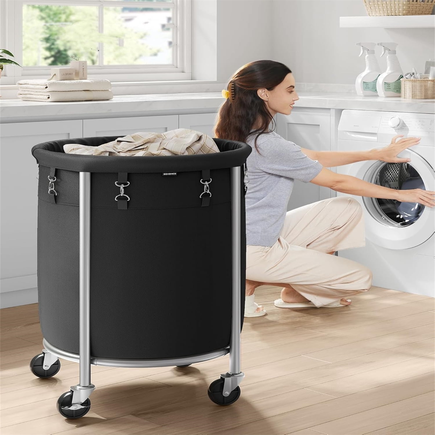 MX-29-Gallon (110 L) Laundry Basket with Wheels, Rolling Round Heavy-Duty Laundry Hamper Cart with Steel Frame and Removable Bag, 2 Locking Wheels, Ink Black and Metallic Silver