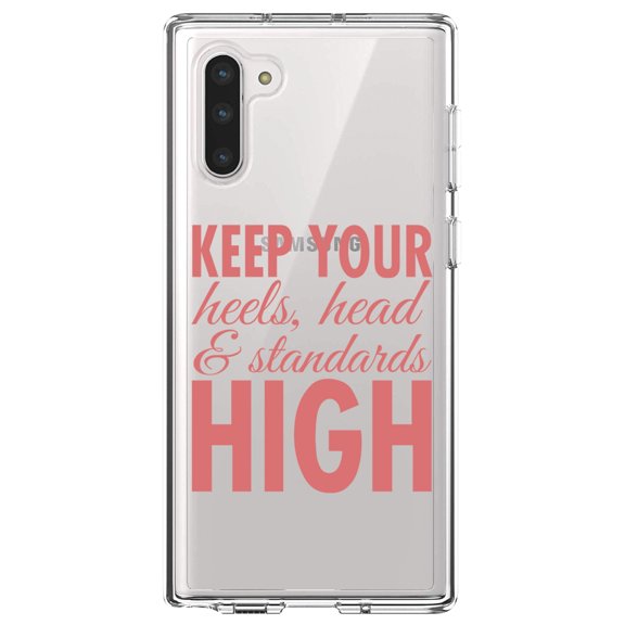 DistinctInk Clear Shockproof Hybrid Case for Samsung Galaxy Note 10 (6.3" Screen) - TPU Bumper Acrylic Back Tempered Glass Screen Protector - Keep Your Heels Head & Standards high