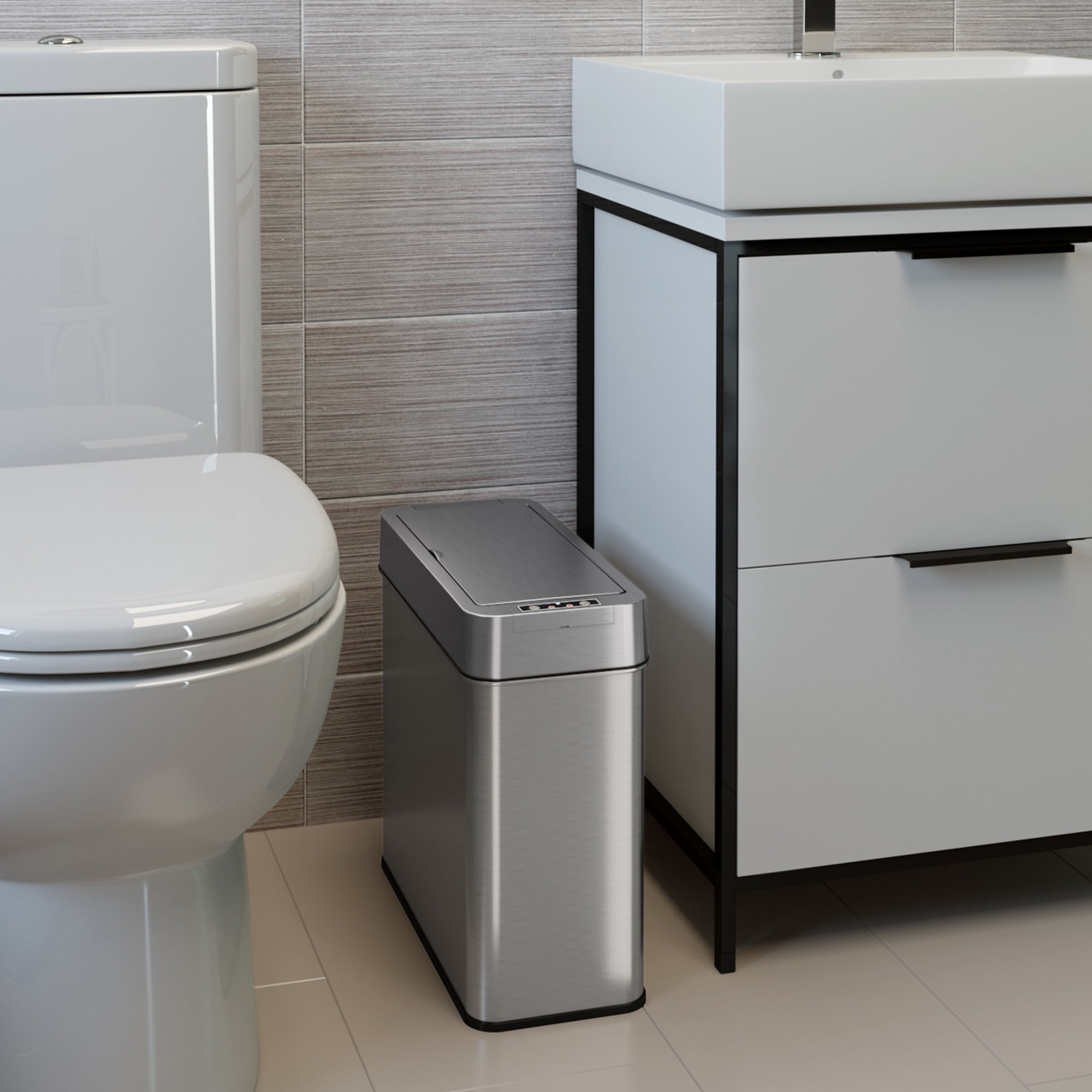 iTouchless 4 Gallon Slim Sensor Trash Can with AbsorbX Odor Control System, Lid Opens Right, 15 Liter Stainless Steel Automatic Wastebasket, Space-Saving Bin for Bathroom, Kitchen, Office, Hotel