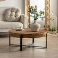 thumbnail image 2 of Pouseayar 31.29"Modern Retro Splicing Round Coffee Table ,  Fir Wood Table Top with Cross Legs Metal Base, 2 of 14