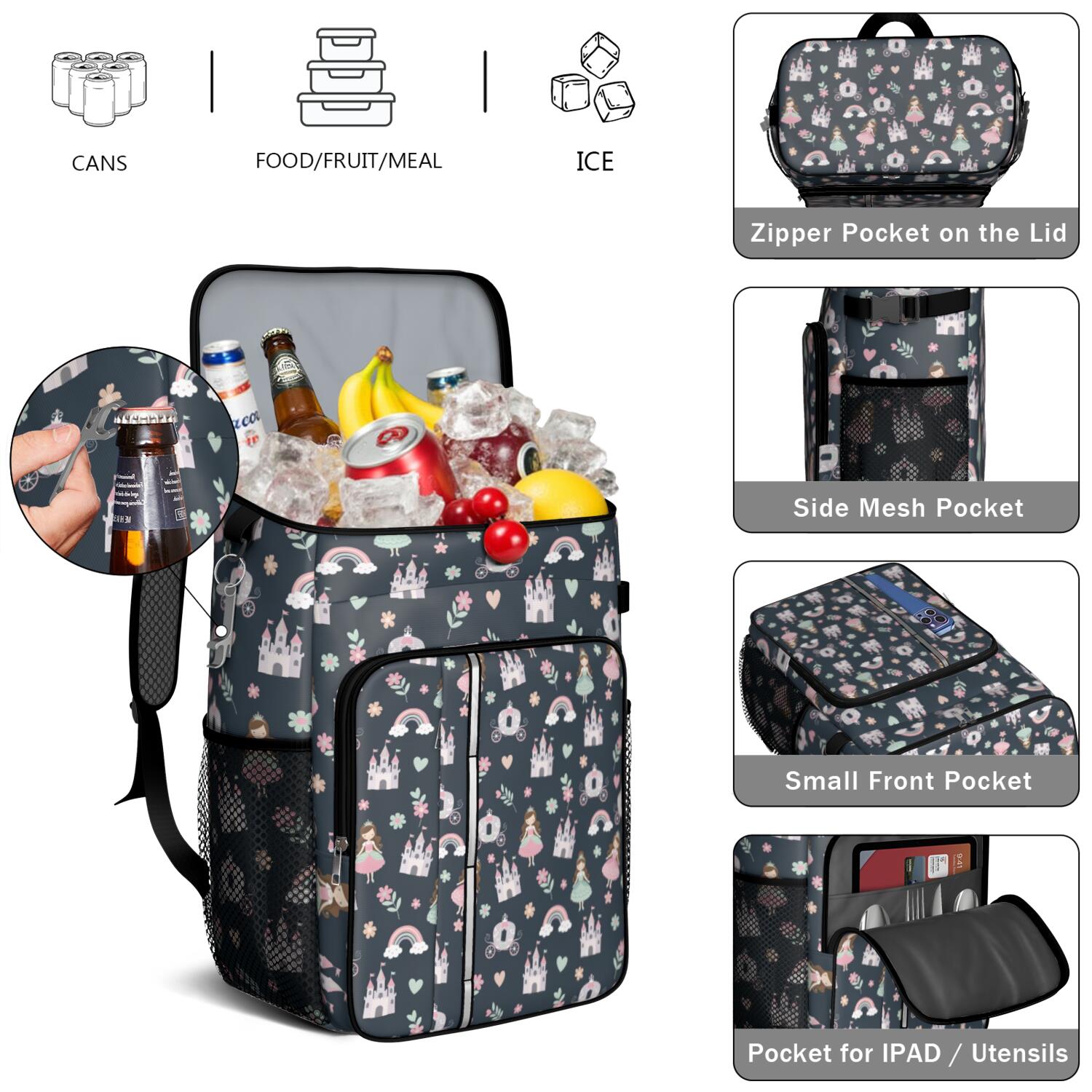 Travel Cooler Bag - Dark Blue Princess Castle Pattern Camping Beer Cooler Backpack with Bottle Opener- Waterproof Insulated Picnic Backpacks - Cooler Bag for Beach