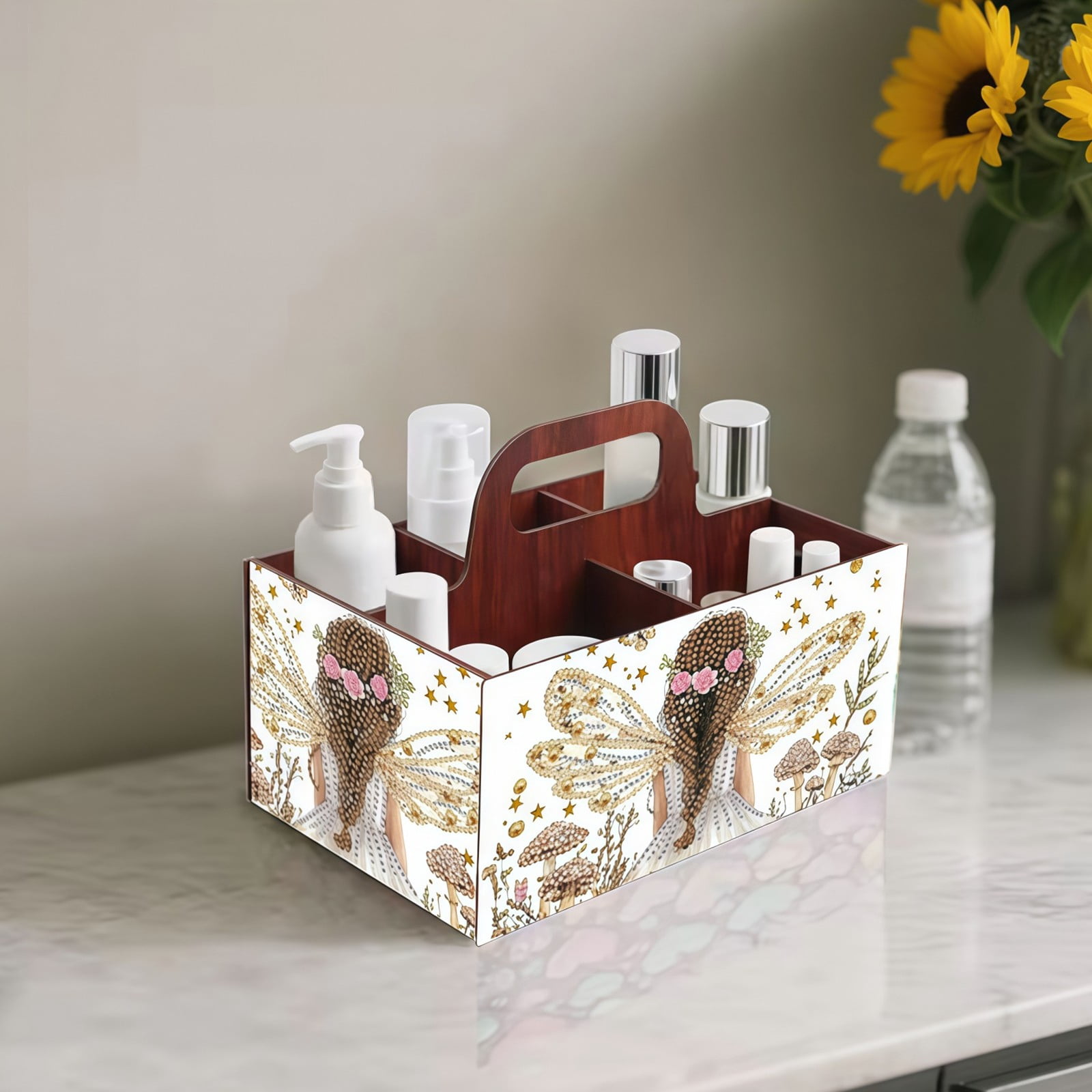 FLOPESN DIY Fairy Diamond Art Painting 5 compartments Wooden Storage Box, 9.44*8.14in, Practical Rectangular Assembly Portable Multi-Grid Box