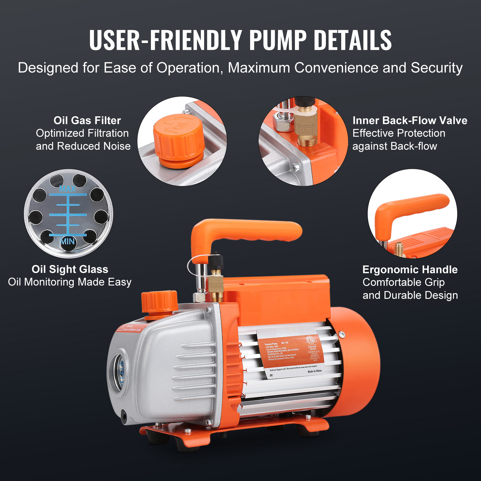 VEVOR HVAC Vacuum Pump 120 V 1/4 HP 4 CFM Gauge Set Manifold Gauge Kit with Hose for automotive refrigeration and central air-conditioning maintenance.