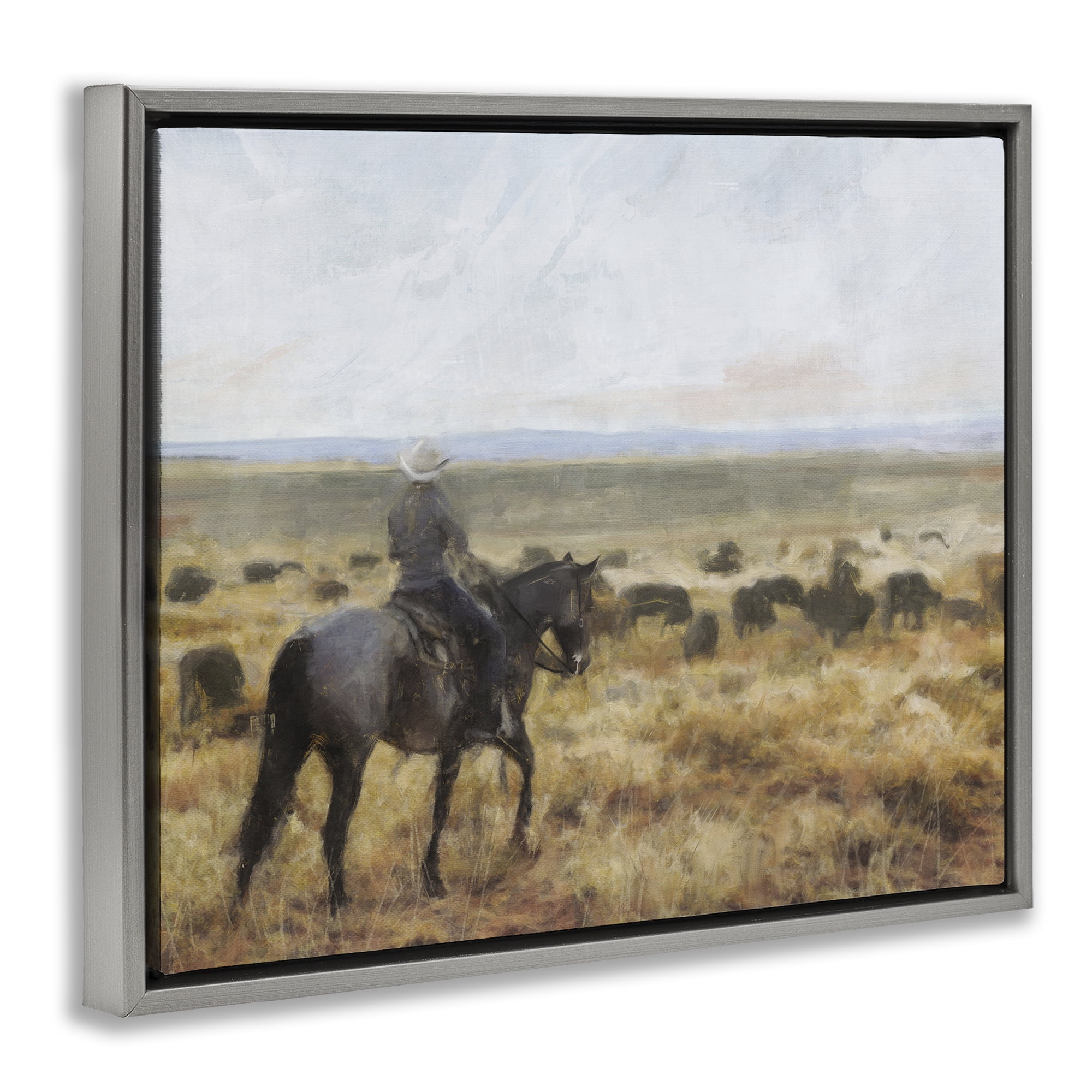 Stupell Industries On The Range Cowboy Landscape Painting Gray Floater Framed Canvas Art Print Wall Art, 21 x 17