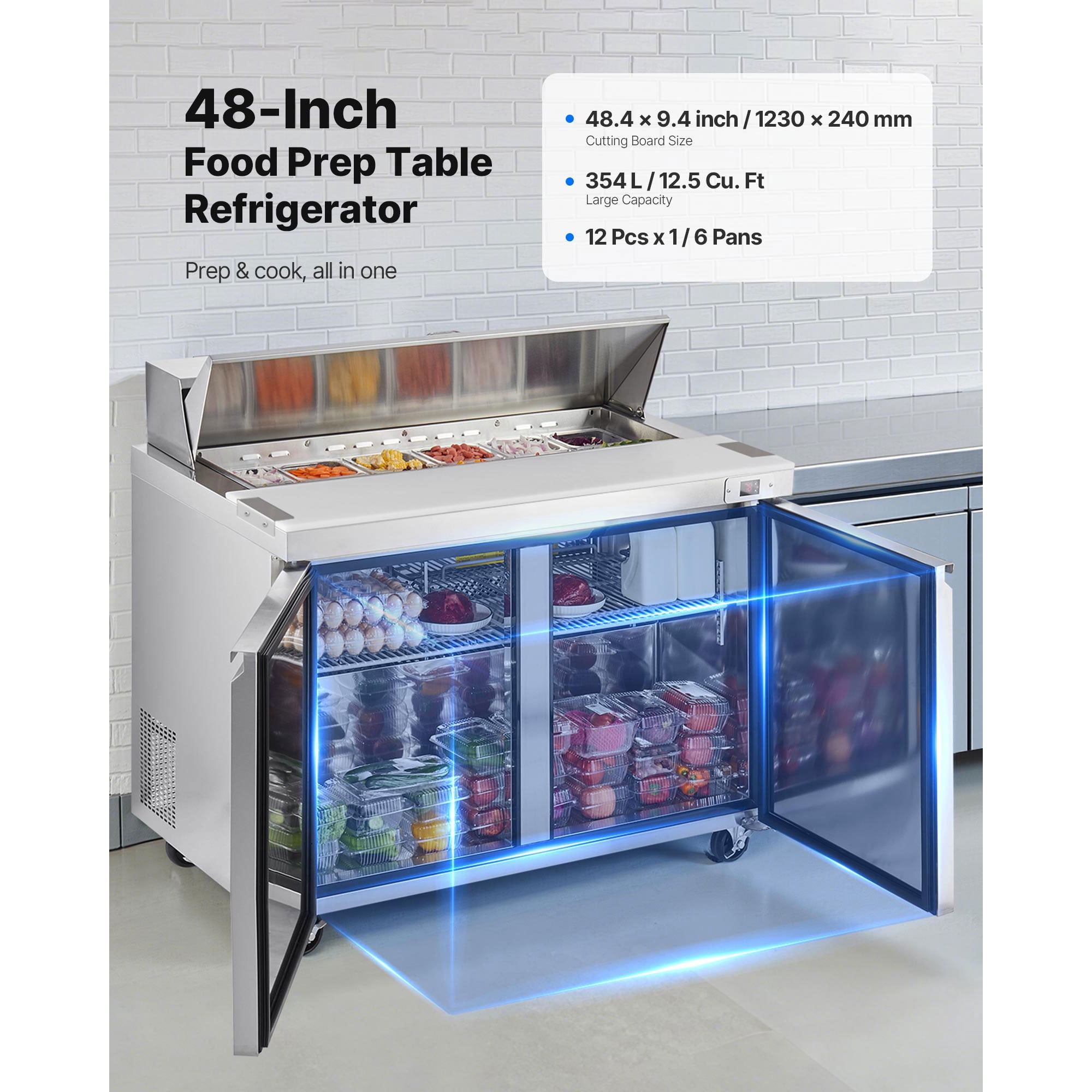 KFFKFF 48'' Wide Commercial Salad Bar Refrigerator, Refrigerated Sandwich Salad Prep Table with 2 Doors, Stainless Steel Prep Fridge for Commercial Kitchen Restaurant 12.5 Cu. Ft