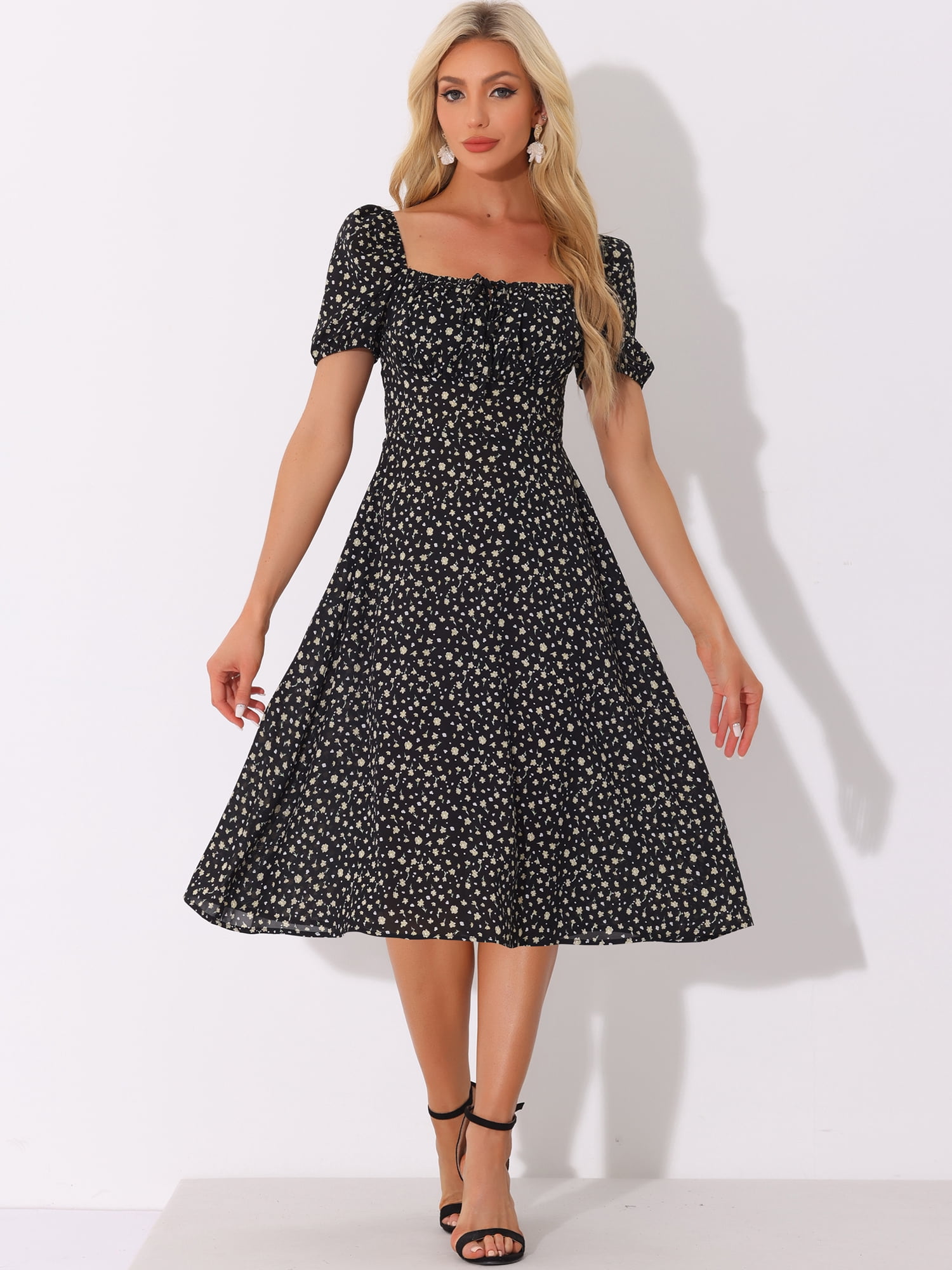 DARING DIVA Floral Puff Sleeve Smocked Square Neck Midi Dress M Black