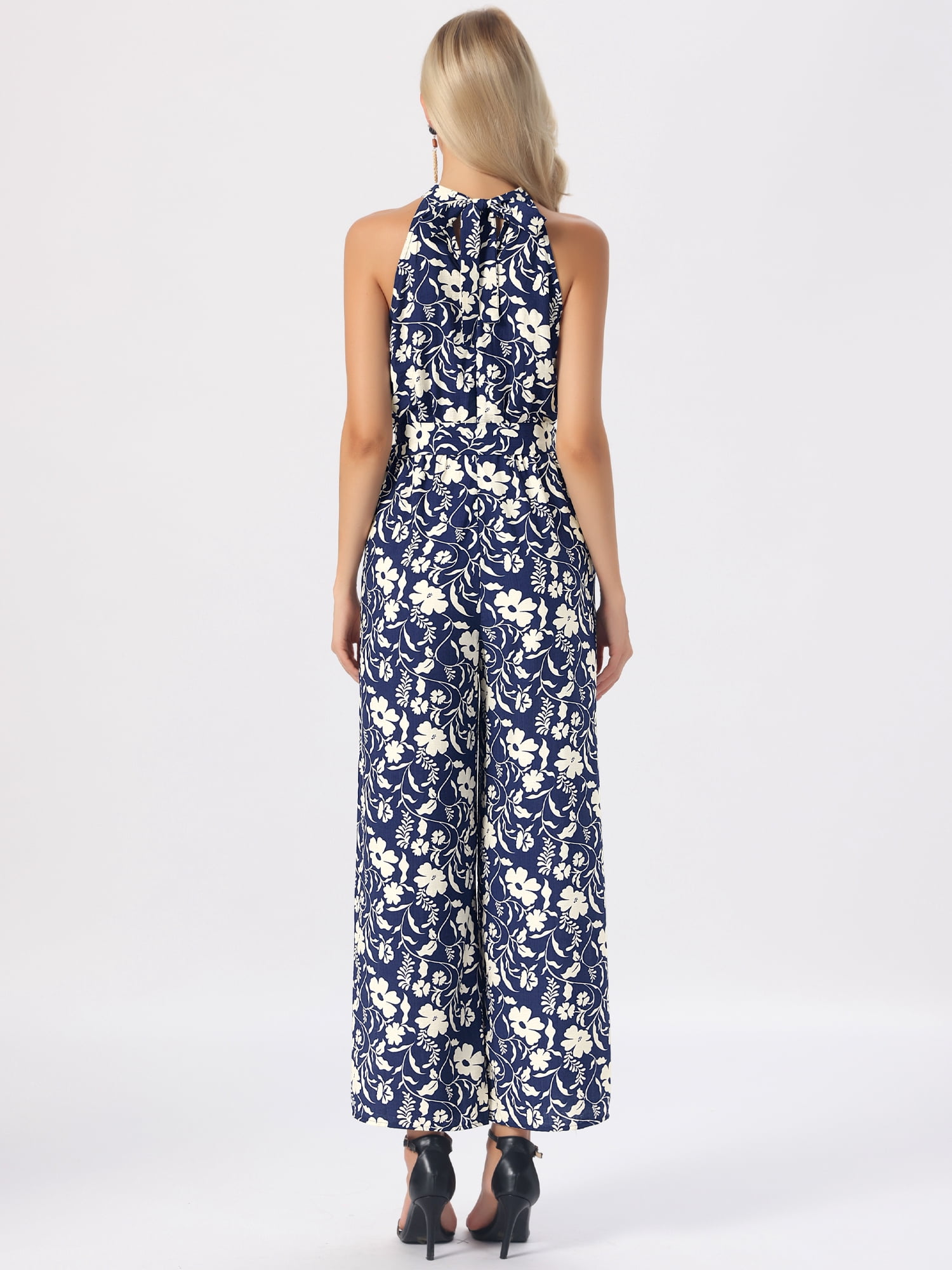DARING DIVA Women's Casual Halter Sleeveless Boho Wide Leg Jumpsuit XL Dark Blue