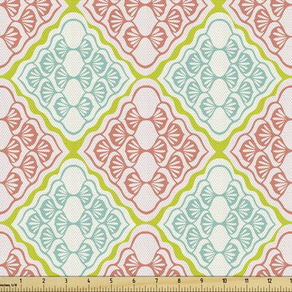 Vintage Fabric by the Yard, Abstract Lattice Inspired Repetition with Wavy Mosaic Rhombuses, Decorative Upholstery Fabric for Sofas and Home Accents, Green Coral by Ambesonne