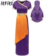 thumbnail image 2 of Disfraz de danza del vientre de Halloween para mujer, traje de princesa heroica árabe con abertura lateral, vestido superpuesto con adornos dorados y velo, 2 of 5