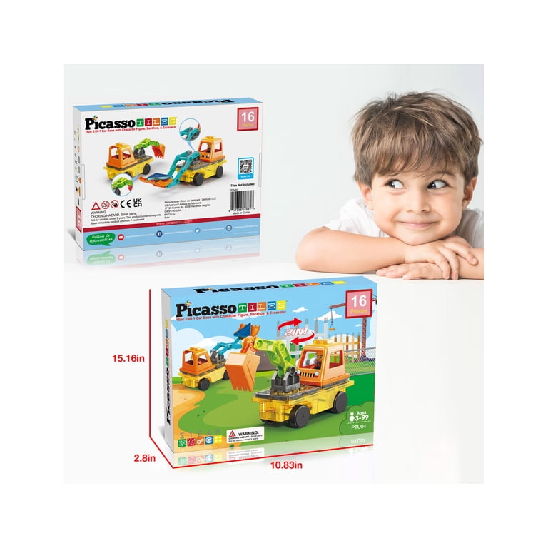 PicassoTiles 2-in-1 Excavator & Backhoe Magnetic Tile Set photo 2