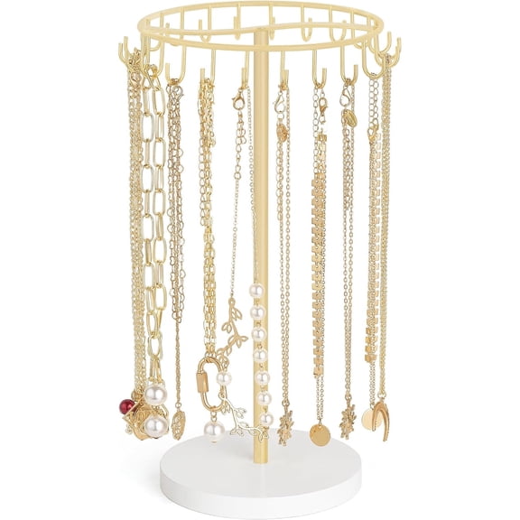 Necklace Holder Metal Jewelry Display Stand, Necklace Organizer with 22 Hooks for Storage and Hanging Bracelet Keychain, Gold