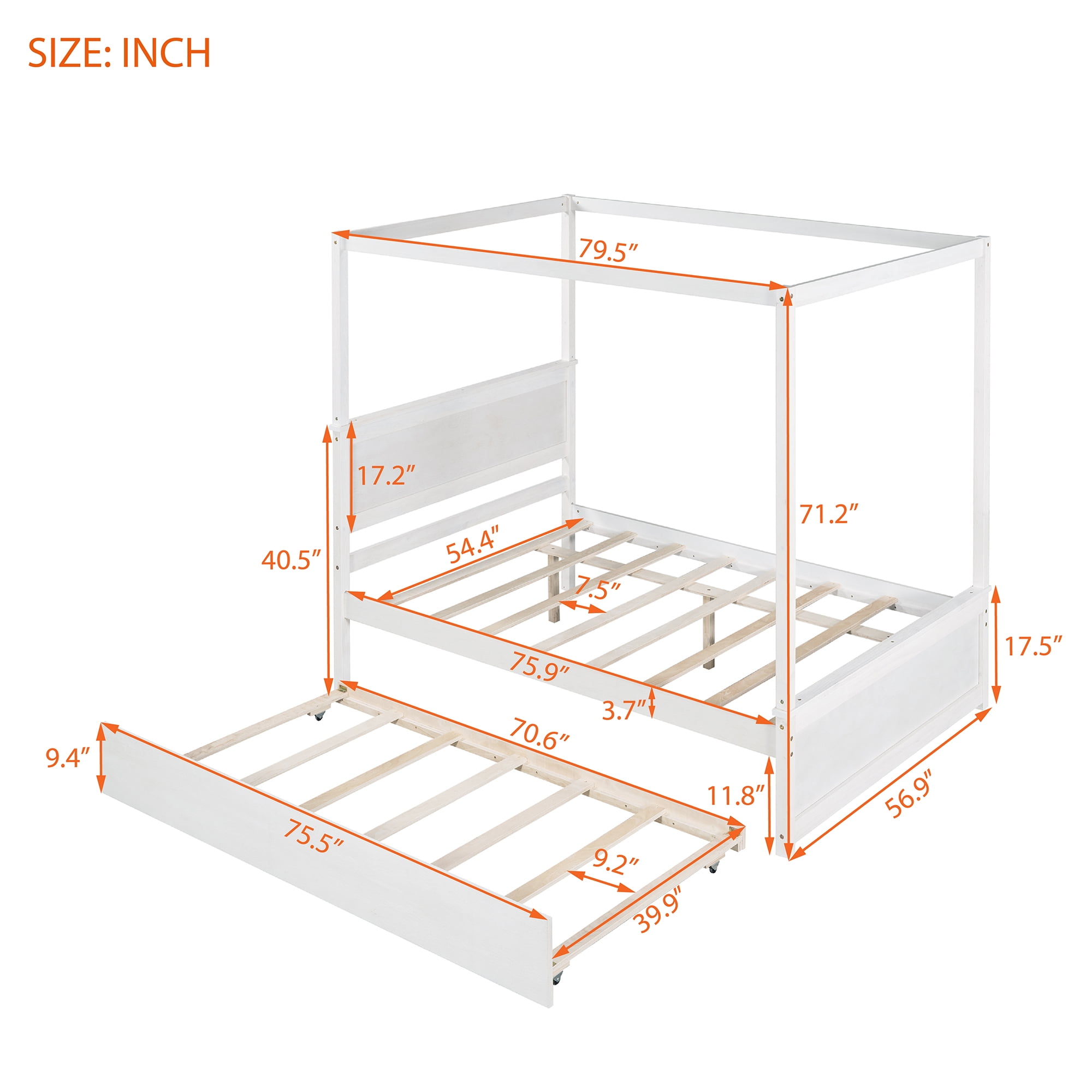 Gewnee Wood Canopy Bed ,Full Size Platform Bed Frame with Trundle and Headboard,White